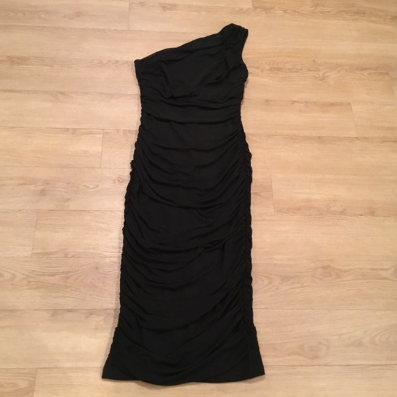 Women's Ruched Bodycon One Shoulder Cocktail Midi Pencil Dress - Picture 4 of 6